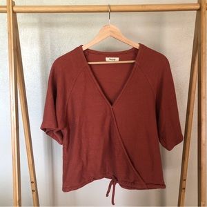 MADEWELL RIBBED CROP TOP WITH CENTER TIE SND FAUX WRAP. SIZE LARGE. GENTLY USED.